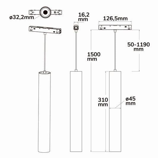 Track48 Pipe | Hanglamp | UGR<19 | CRI90 | DALI dimbaar | 15W | 3000K | zwart | 36° | 48V