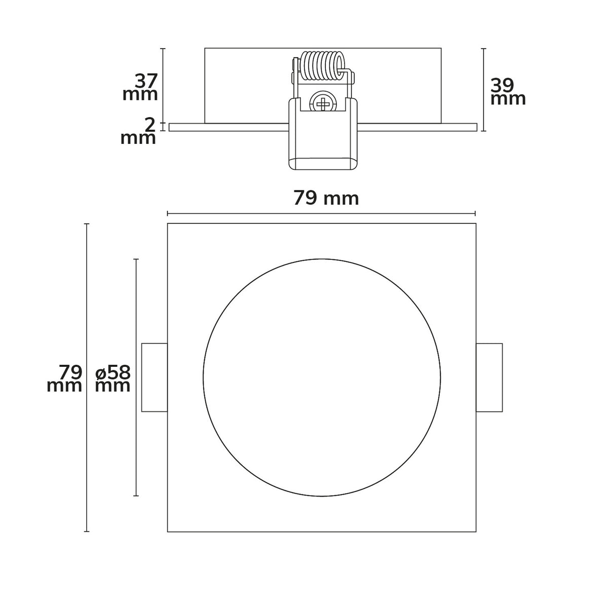 Inbouwframe | vierkant | zaagmaat 58mm | aluminium zwart | voor GU10/MR16