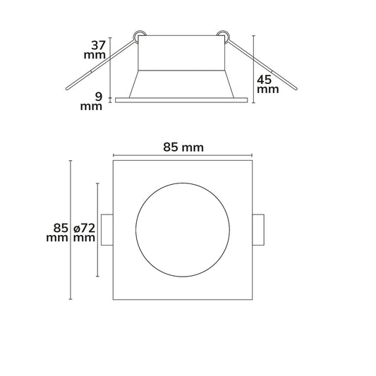 Inbouwframe | vierkant met glazen lens | gatmaat 72mm | voor GU10/MR16 | IP54 | zwart