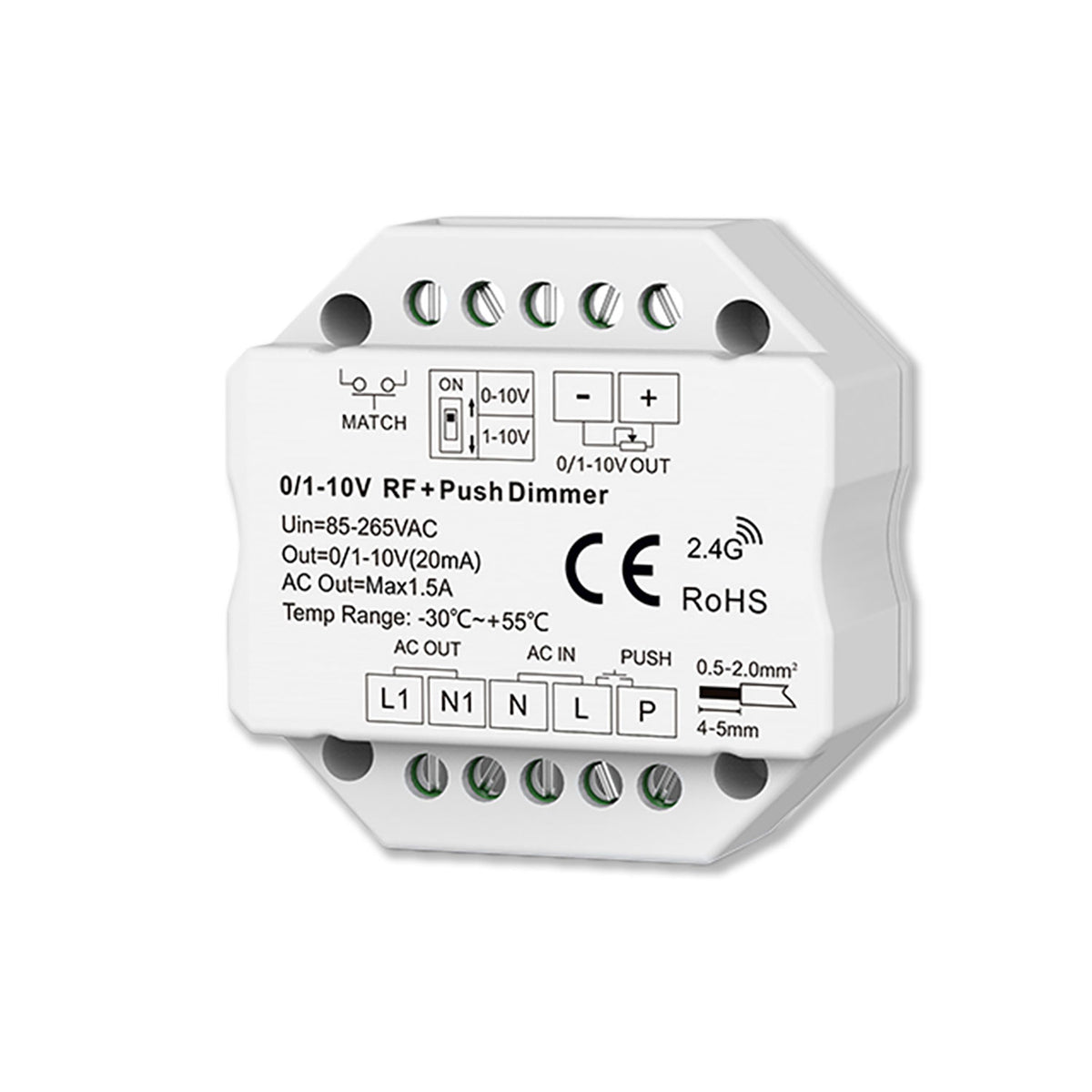 Sys-Pro | Dimmer | push/radio mesh | 0/1-10V uitgang | schakelcontact | 85-265V | 1,5A