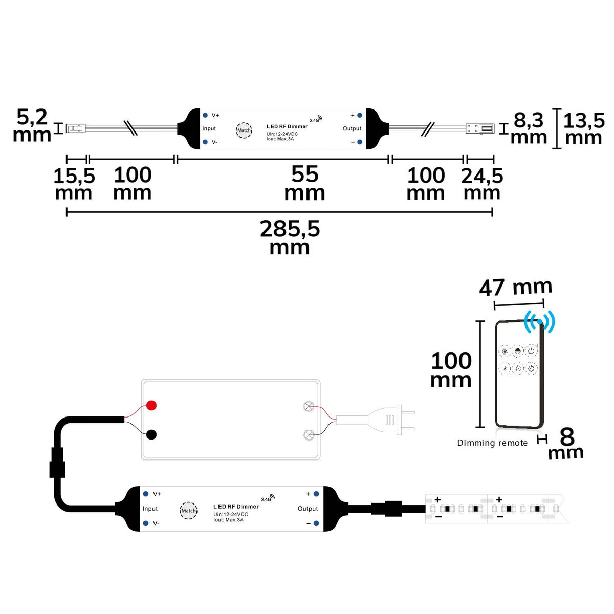 Sys-Pro MiniAMP | Dimmer | draadloos PWM | incl. afstandsbediening | 12-24V | 3A