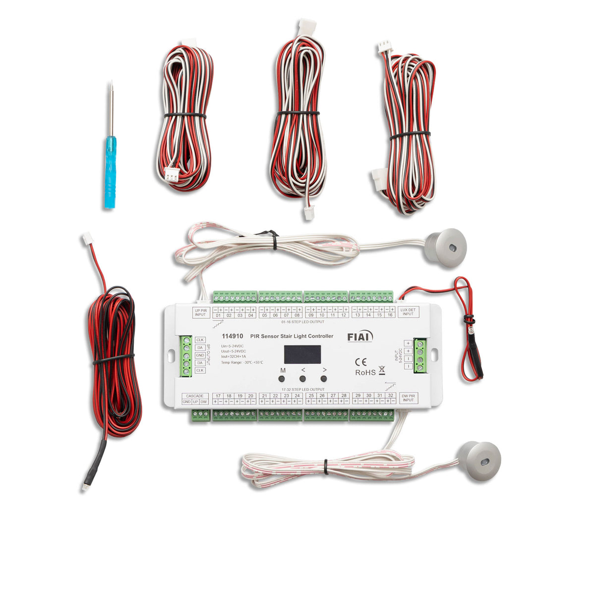 Dimmer | trapeffect PWM | 5-24V | 32x1A + SPI | 2 PIR + 2 drukknop ingangen