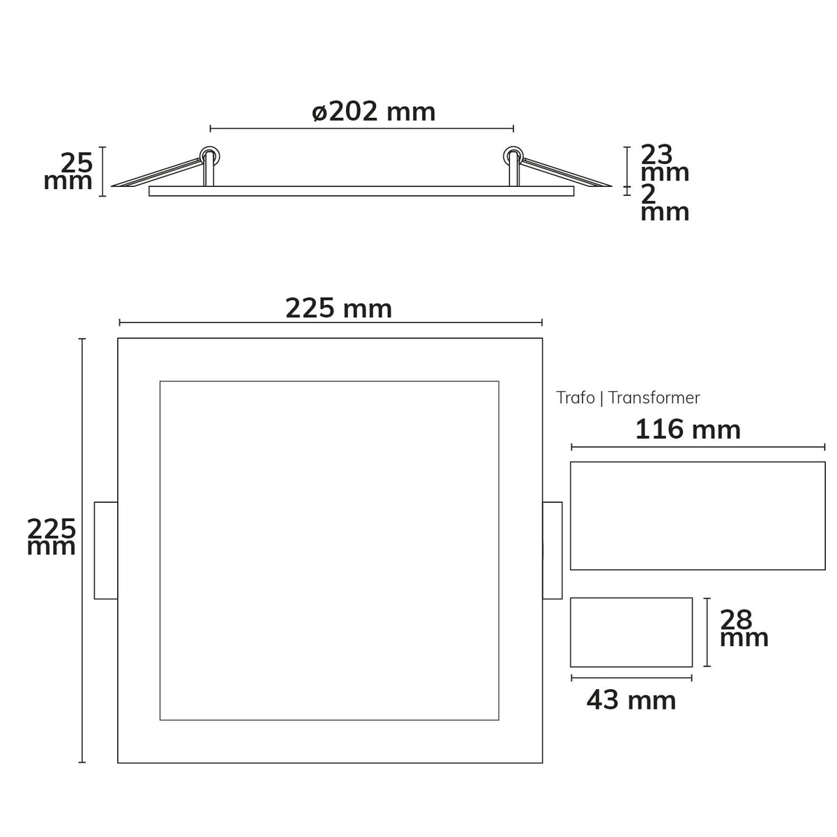Downlight | vierkant | ultraplat | wit | 225x225mm | ColorSwitch | dimbaar | 18W