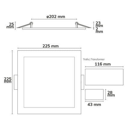 Downlight | vierkant | ultraplat | wit | 225x225mm | ColorSwitch | dimbaar | 18W