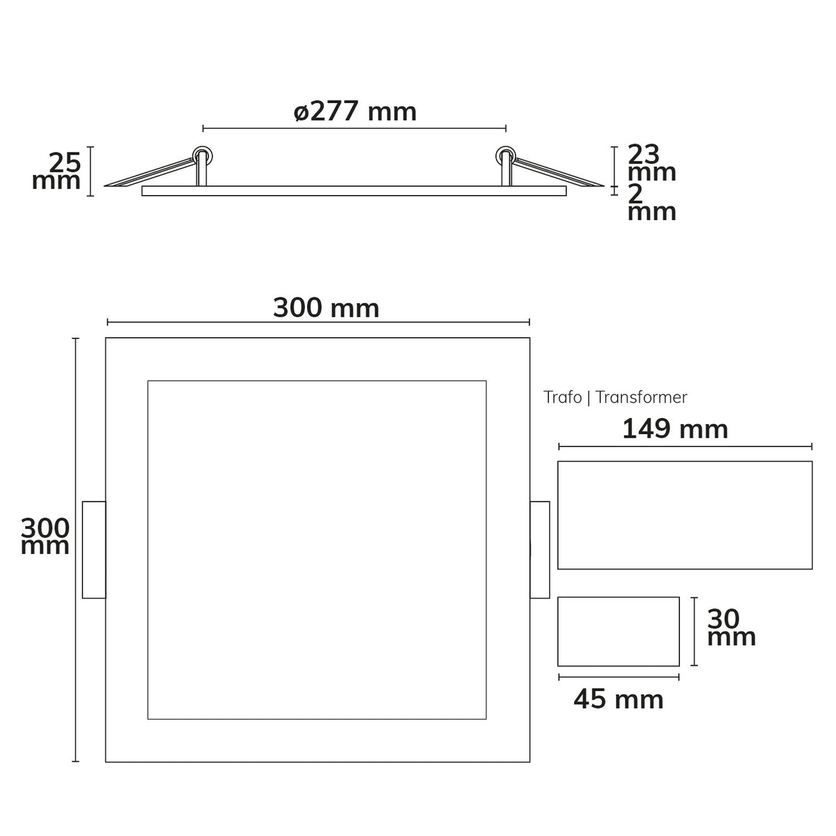 Downlight | vierkant | ultraplat | zwart | 300x300mm | ColorSwitch | dimbaar | 24W