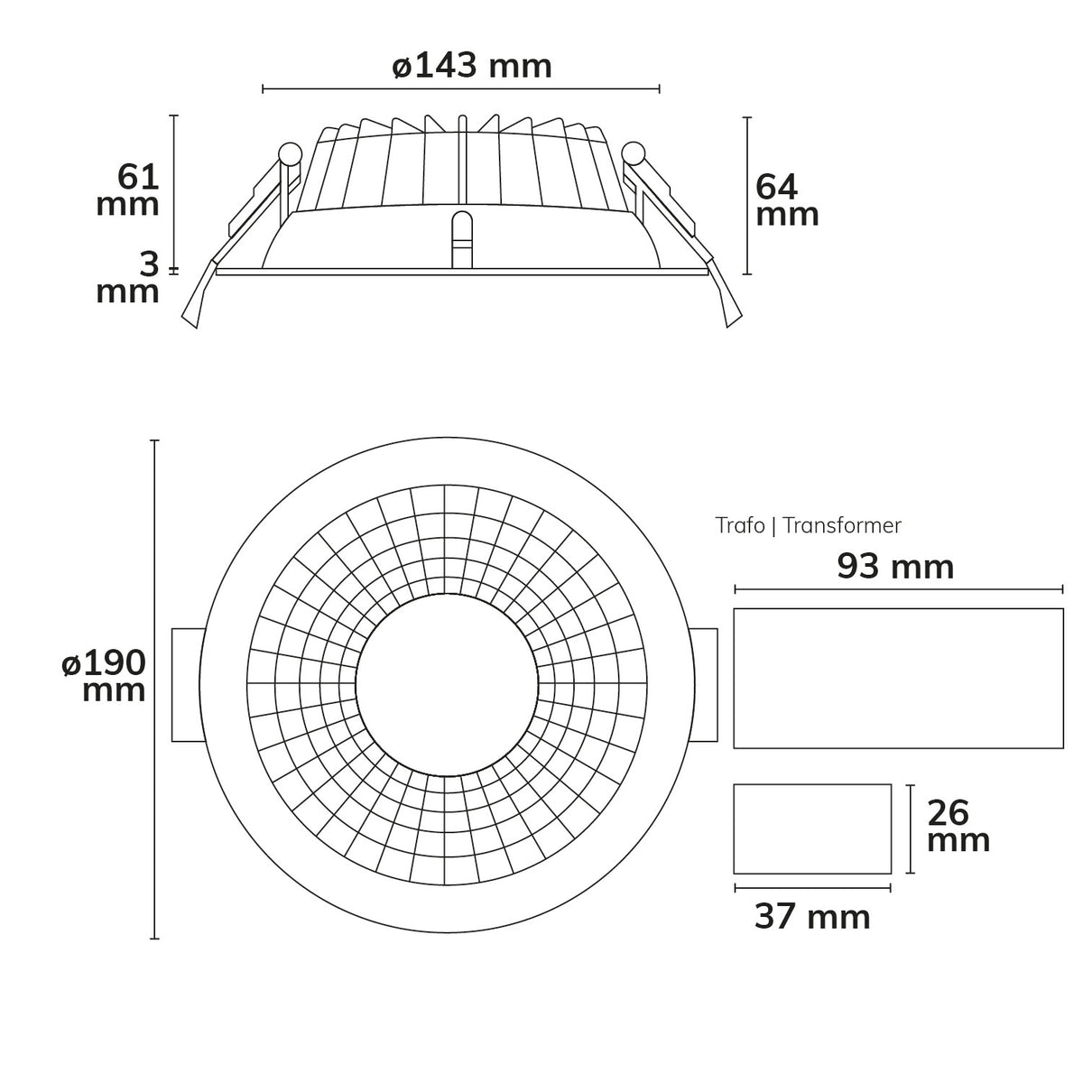 Downlight | reflector | 150 lm/W | UGR<19 | ColorSwitch 3000K/4000K/6000K | 60° | dimbaar