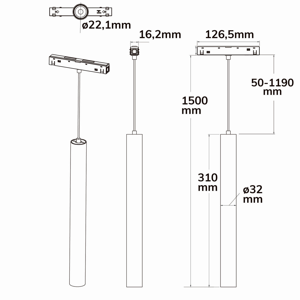 Track48 Pipe | Hanglamp | UGR<19 | CRI90 | 7W | 3000K | zwart | 36° | 48V