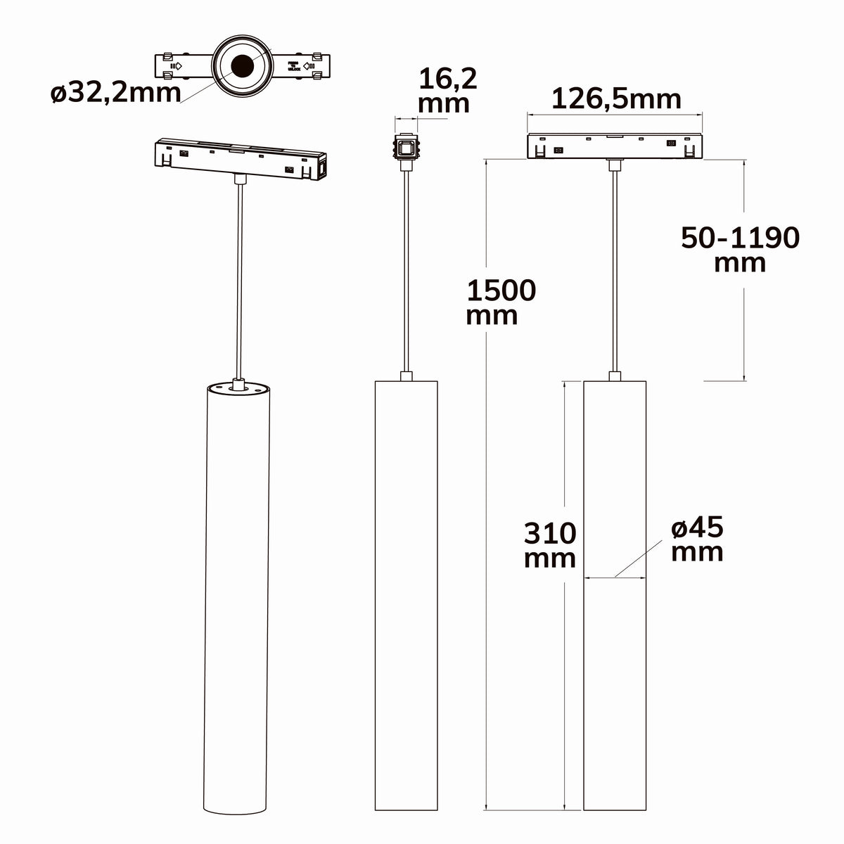 Track48 Pipe | Hanglamp | UGR<19 | CRI90 | 15W | 3000K | zwart | 36° | 48V