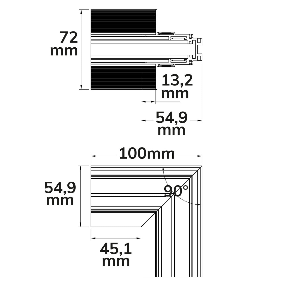 Track48 | Railaccessoire | hoek 90° verticaal | gipsplaatrail | niet stroomvoerend | wit