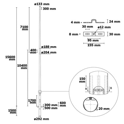 Lichtmast | 16m | opzetmaat 133mm | thermisch verzinkt