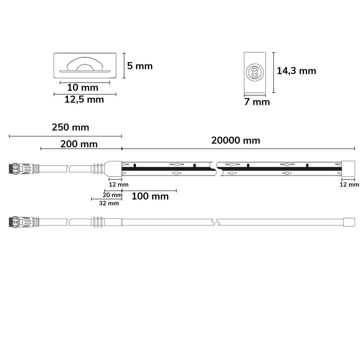 COB | LED-strip | 230V | 20m | 14W/m | CRI90 | IP67 | stekker eenzijdig