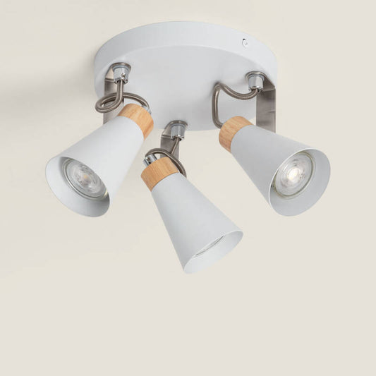 Mararo plafondlamp 3-spots rond hout metaal