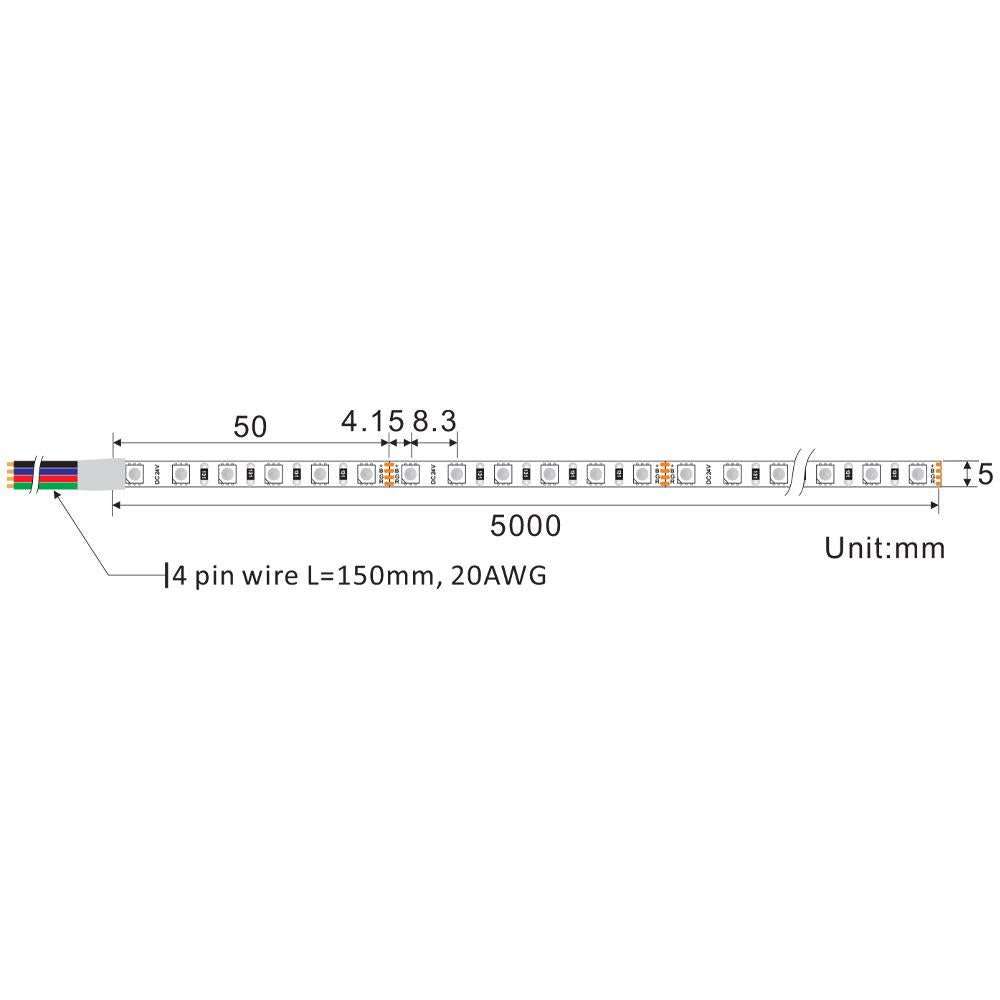 LED strip | 24V | 120LED/m 2835 | 5mm | 5 meter | IP20 | RGB