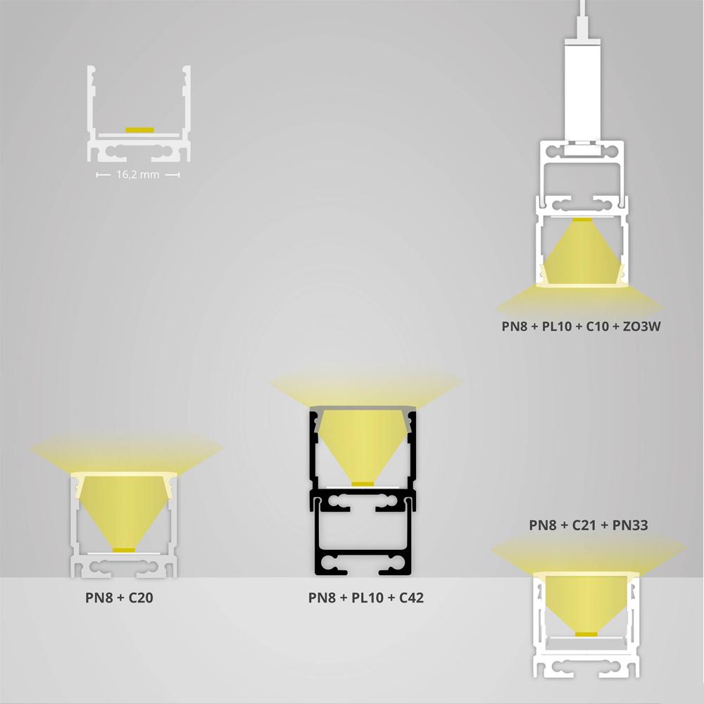 PN8 LED profiel 200cm, LED strips max. 16 mm