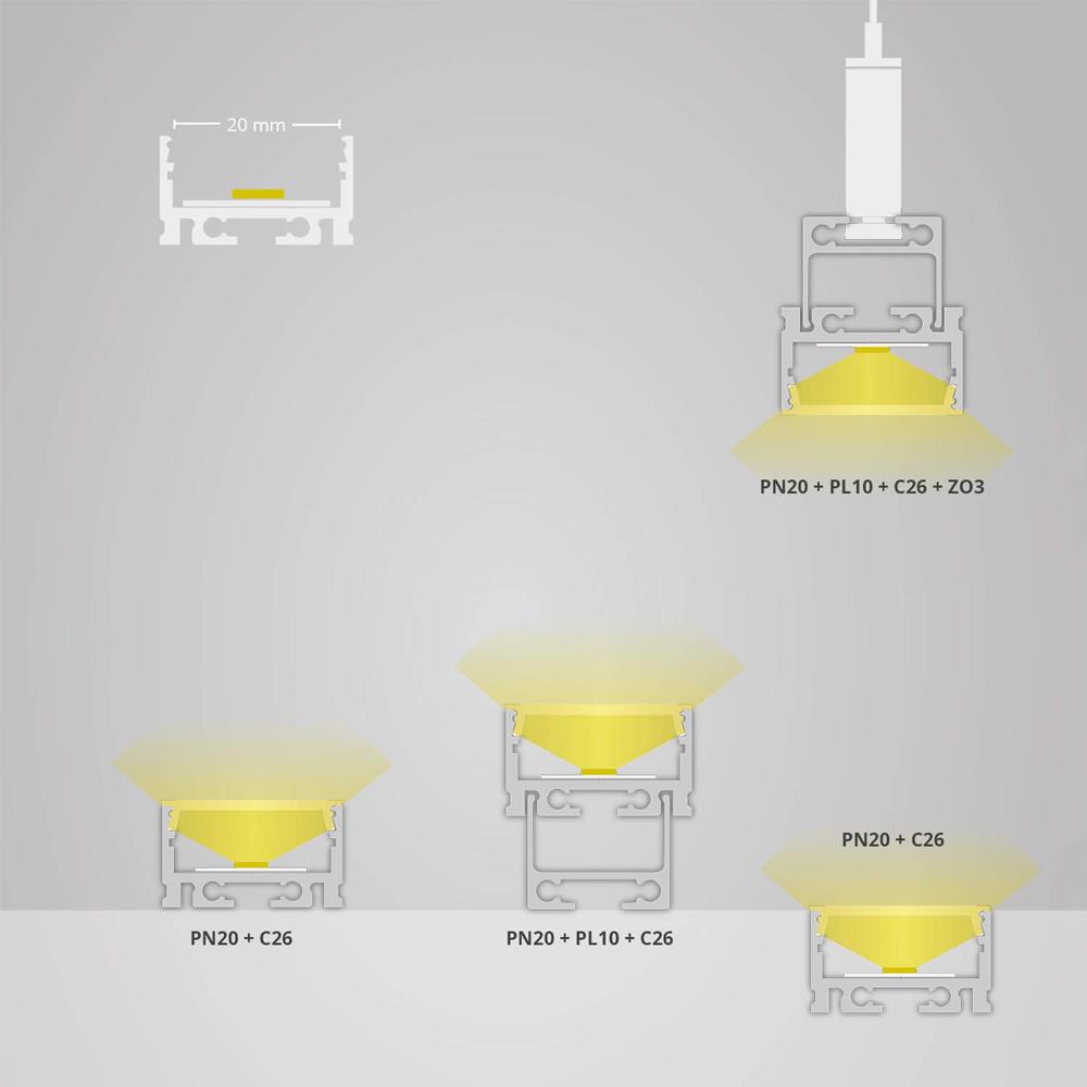 PN20 LED profiel 200 cm, high, LED strips max. 20 mm