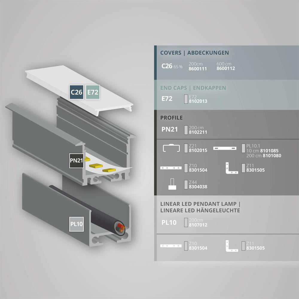 PN21n LED profiel 200 cm, hoog/vleugel, LED strips max. 20 mm