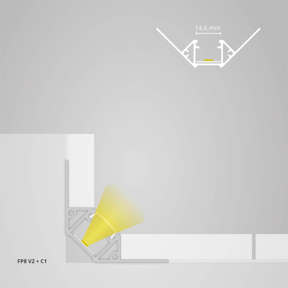 FP8n LED tegel profiel binnenhoek 2m, LED strips max.14mm
