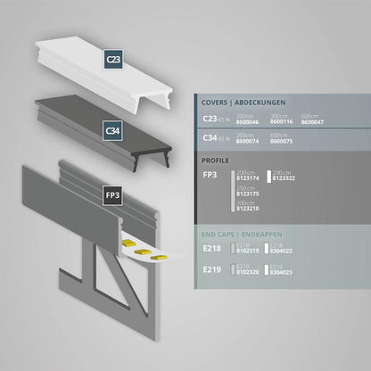 FP3 tegel profiel top end 200 cm, wit RAL 9003, LED strip