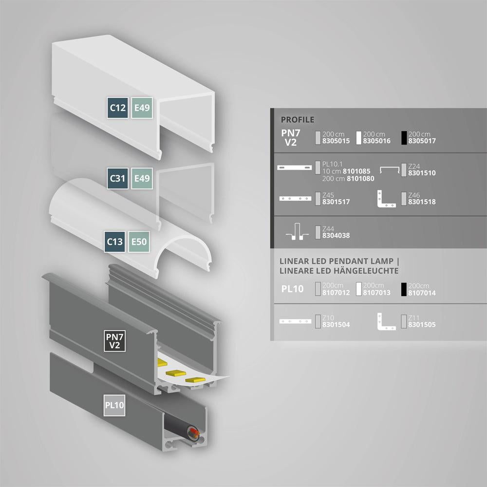 PN7n LED profiel 200cm, hoog, LED strips max. 24mm